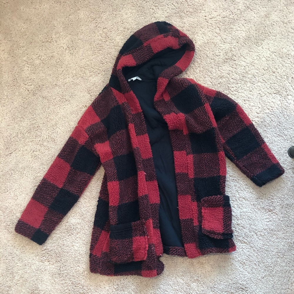 Red Plaid Fluffy Coat